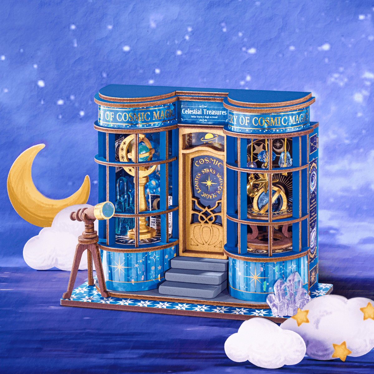 Rolife Magic Astronomy Shop Miniature House DS048 DIY miniature house kit, angled view showing detail and craftsmanship