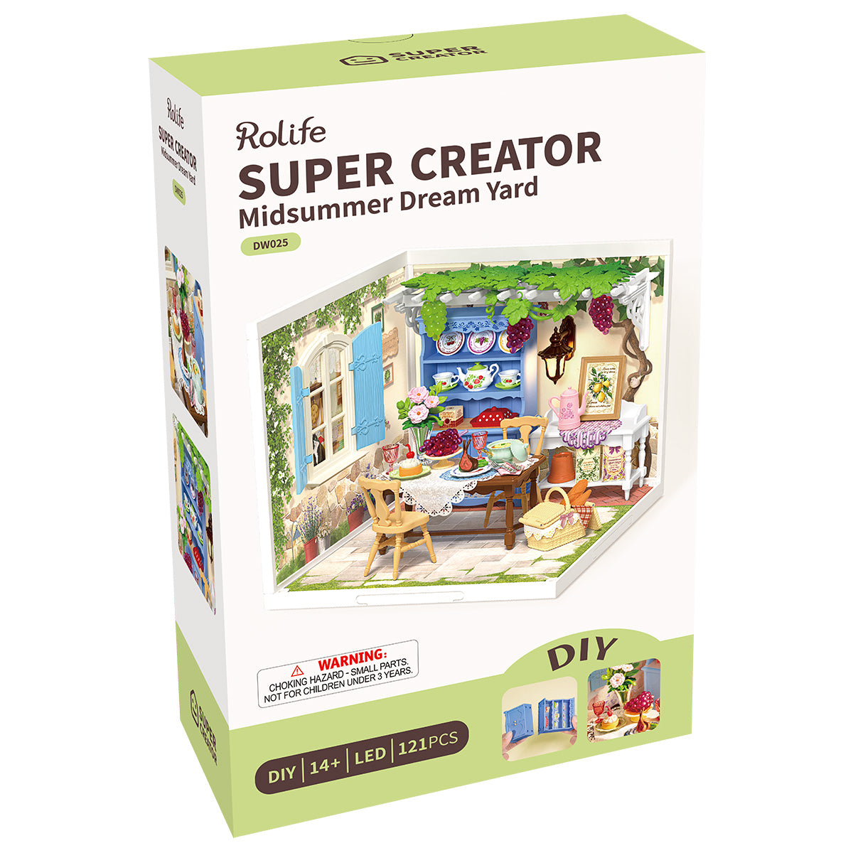 Rolife Midsummer Dream Yard Miniature House DW025 DIY miniature house kit, product front view on neutral background