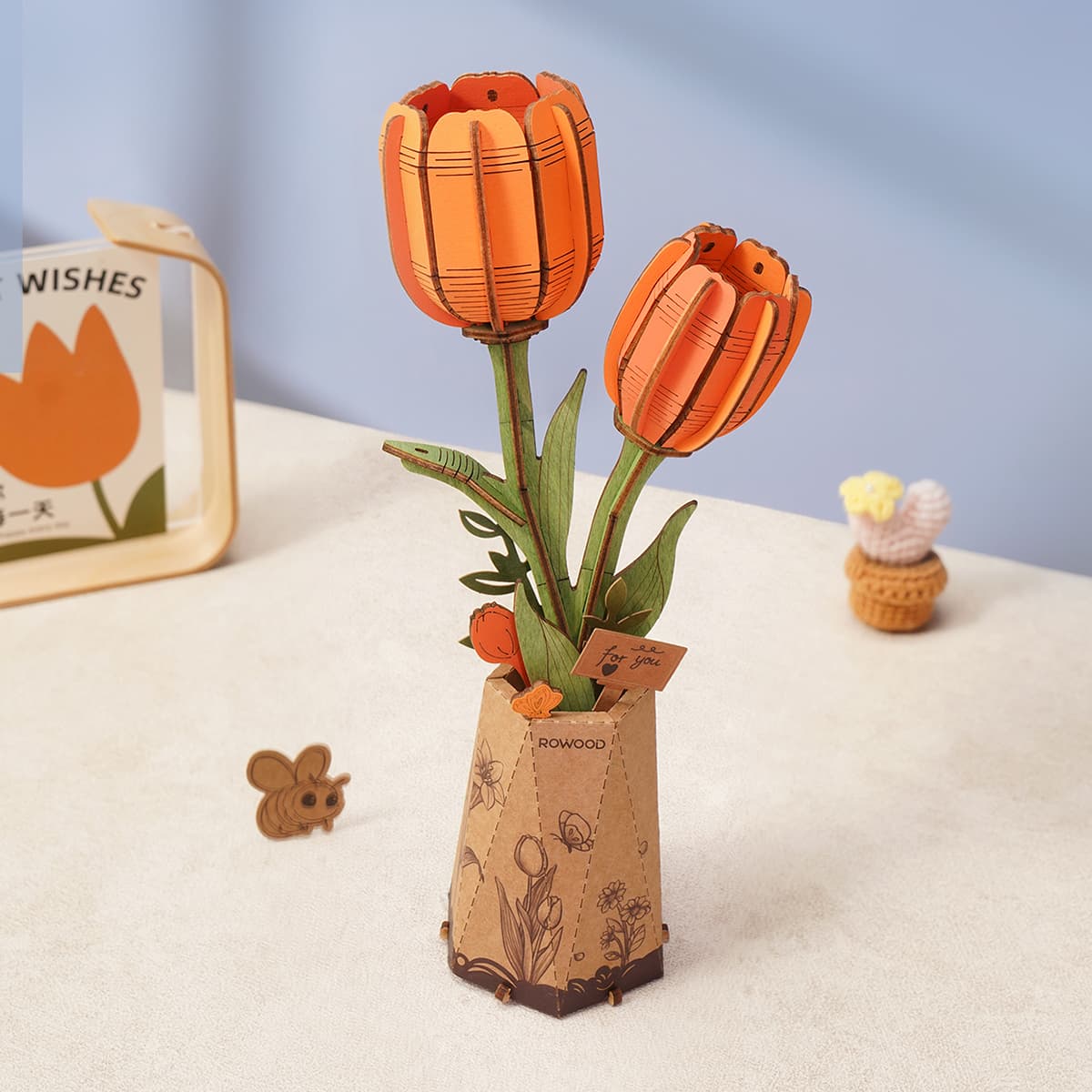 Rowood Holzblumenstrauß TW01H 3D-Holzpuzzle, Rückansicht mit Blick auf die Konstruktionsdetails