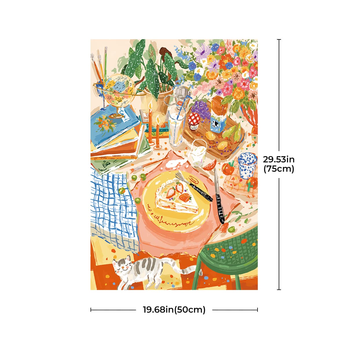Rolife Leisurely Holiday PT002 dimension card showing completed puzzle 19.68in wide by 29.53in tall with illustrated scene