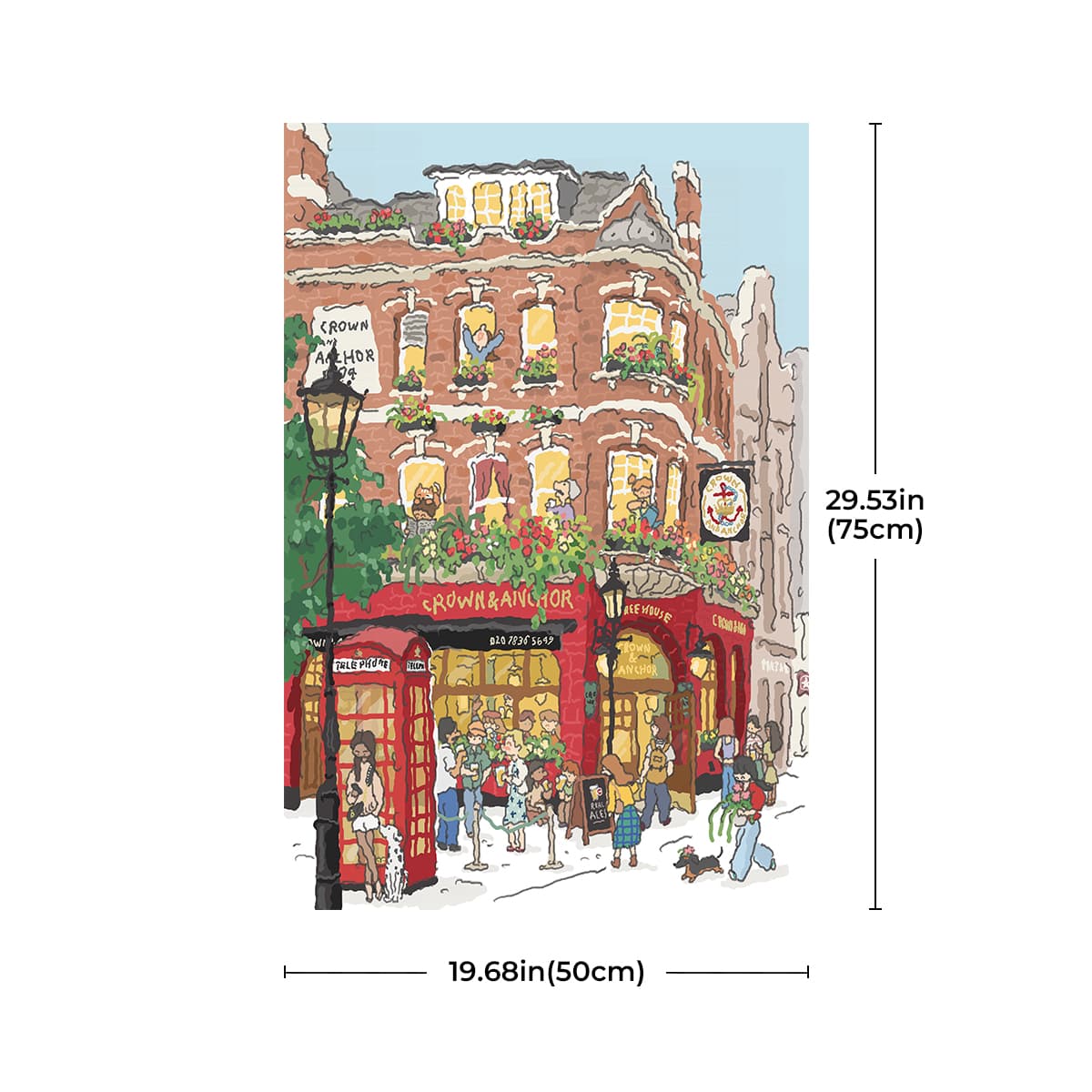Rolife Welcome to Covent Garden PT006 dimension card showing completed puzzle 19.68in wide by 29.53in tall with market artwork