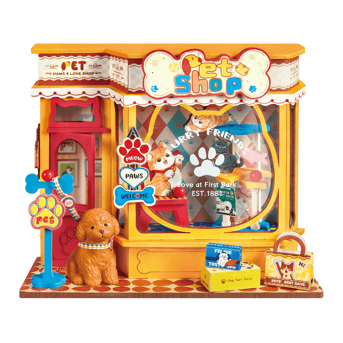 Rolife Pawfect Pet Shop Miniature House DS045 DIY miniature house kit, product front view on neutral background