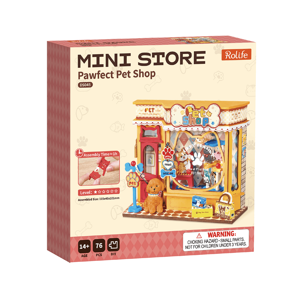 Rolife Pawfect Pet Shop Miniature House DS045 DIY miniature house kit, styled lifestyle scene with model assembled