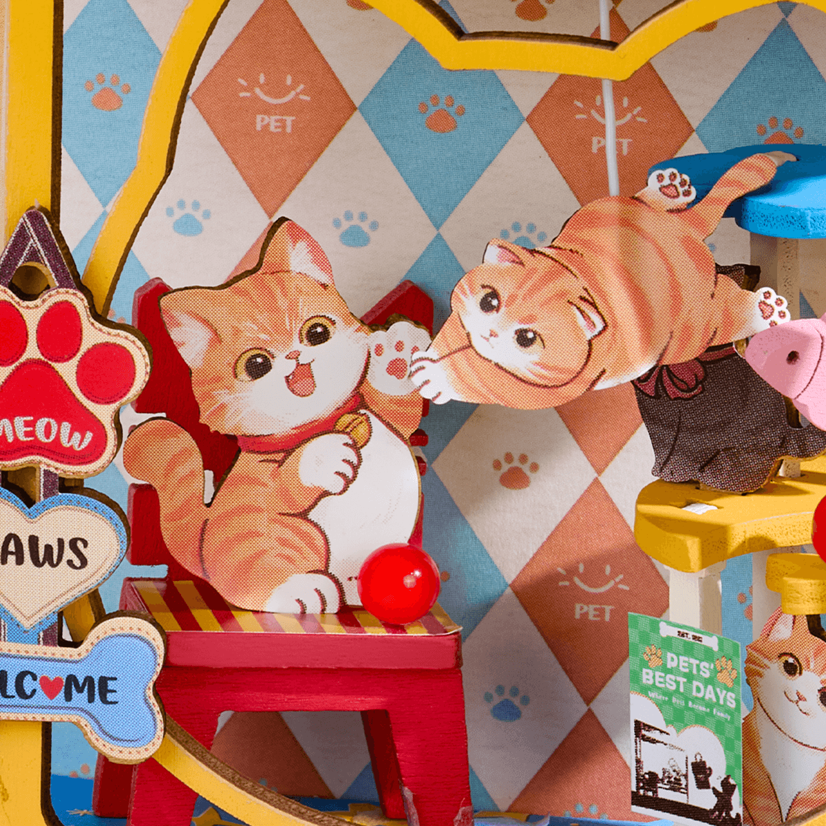 Rolife Pawfect Pet Shop Miniature House DS045 DIY miniature house kit, close-up of interior components and accessories