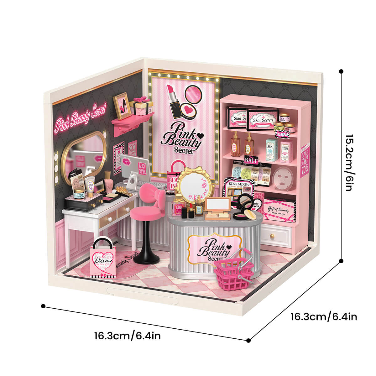 Rolife Pink Beauty Secret Miniature House DW026 DIY miniature house kit, detail of decorative elements and finish