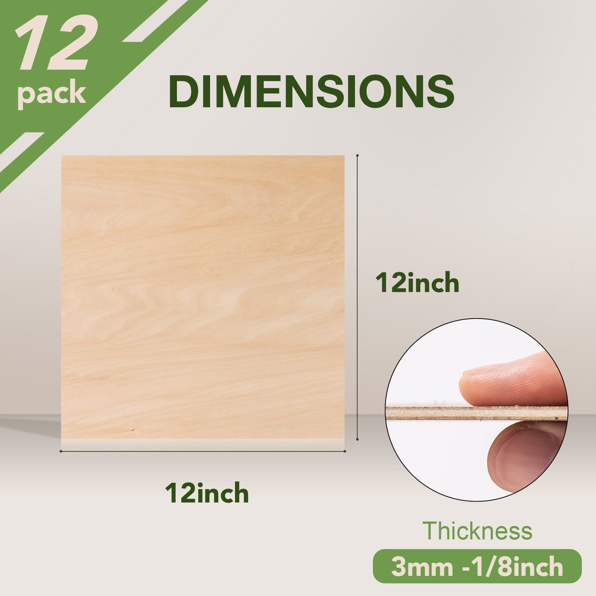 Robotime basswood sheets 12-pack of 12x12 inch square panels stacked together with visible wood grain edge detail and bold green pack-count labeling.