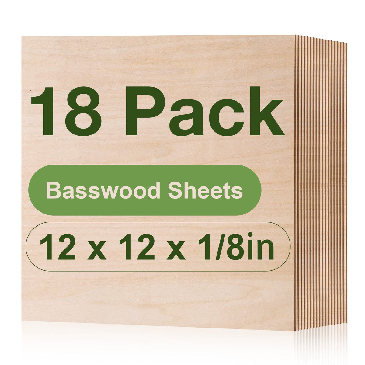 Robotime basswood sheets 12-pack single panel dimensions infographic showing a 12x12 inch square with annotated measurements and a close-up finger pressing the 3mm edge.