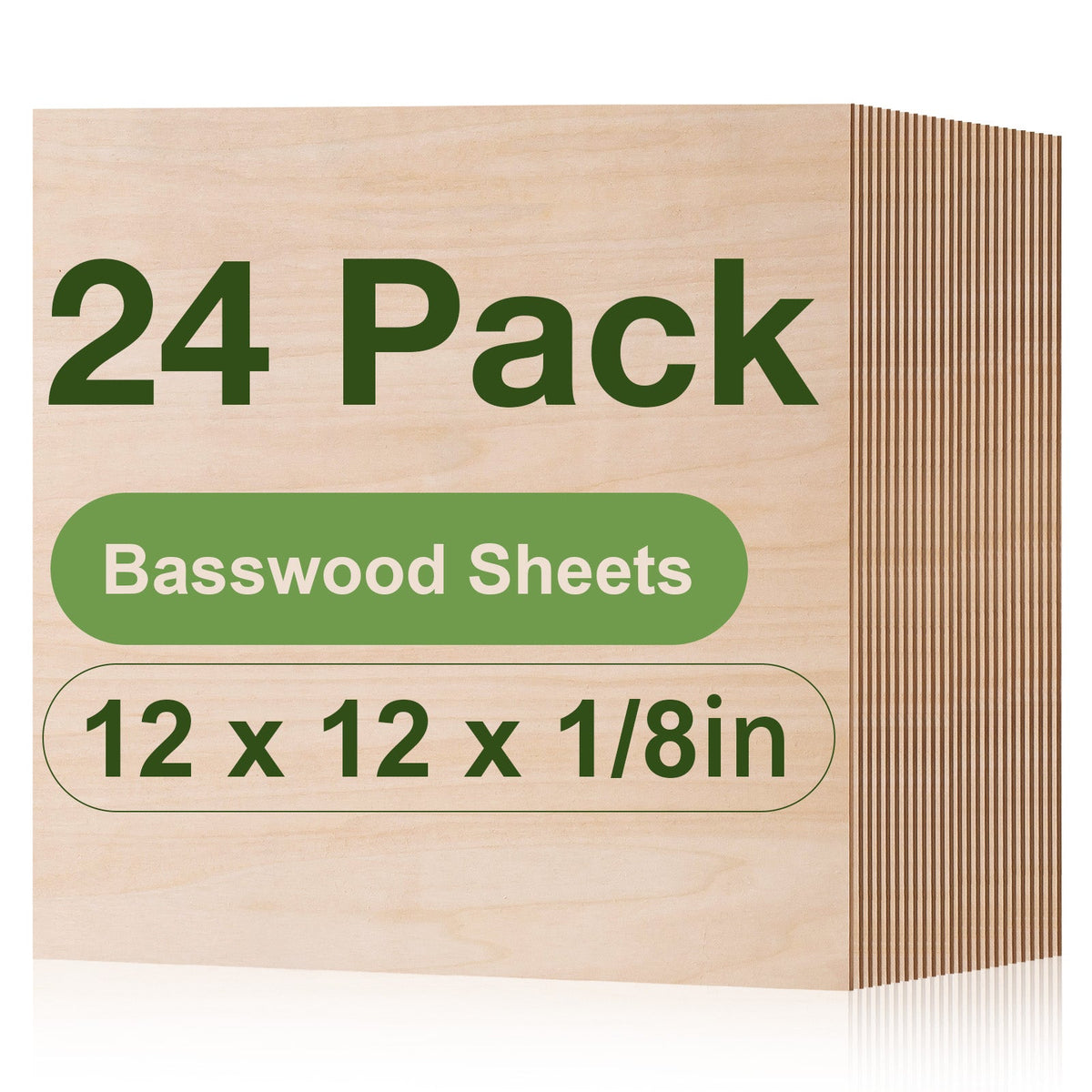 Robotime basswood sheets 18-pack of 12x12 inch square panels with dimensions diagram and a close-up inset showing the 3mm thick edge being pressed between two fingers.