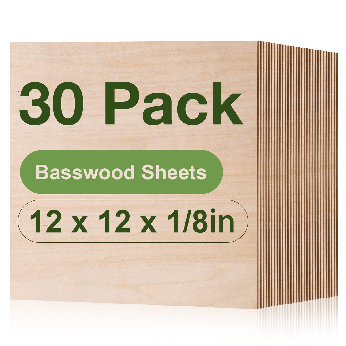 Robotime basswood sheets 24-pack of 12x12 inch square panels stacked and photographed at an angle to show the clean natural wood grain and layered edge detail.