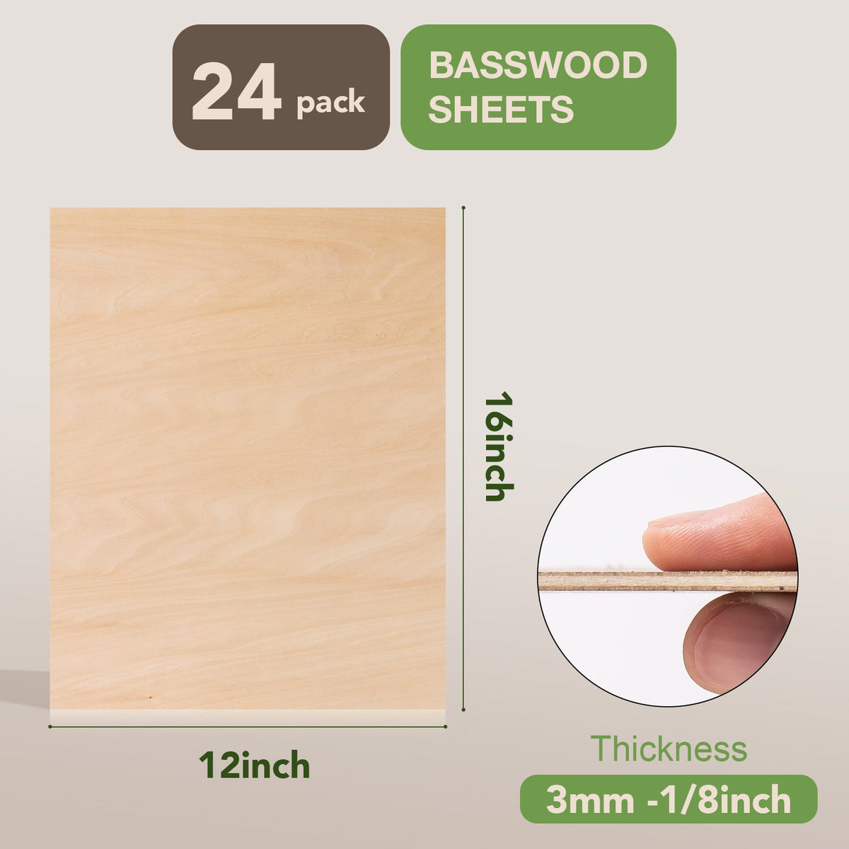 Robotime basswood sheets 24-pack product view with a stacked bundle of 12x16 inch natural wood panels and bold labeling showing the pack count and dimensions.