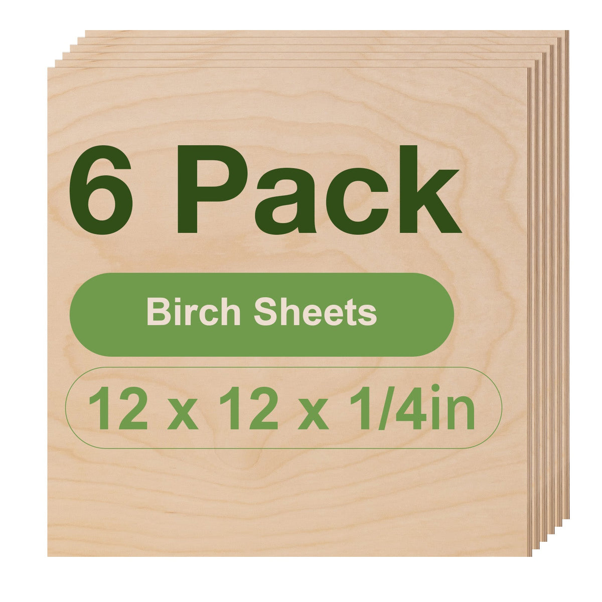Robotime birch plywood craft sheets 4-pack RH002 variant, 12x12x1/4in, showing natural wood grain on each polished sheet.