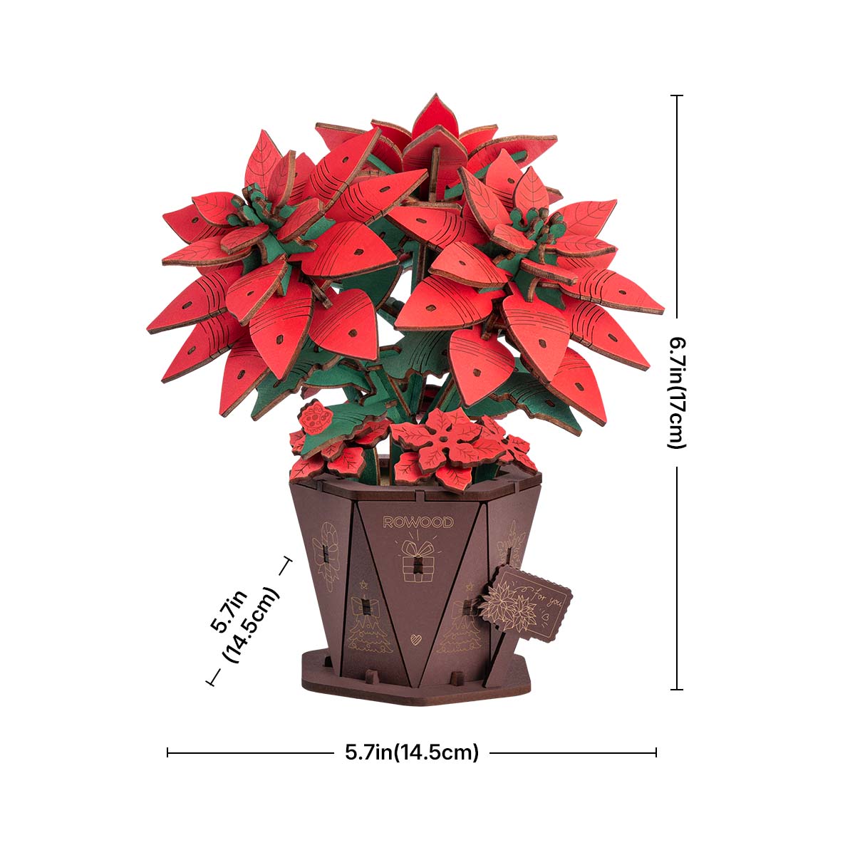 Rowood Poinsettia Flower Bouquet 3D Wooden Puzzle TF001 3D wooden flower puzzle, styled lifestyle scene with model assembled