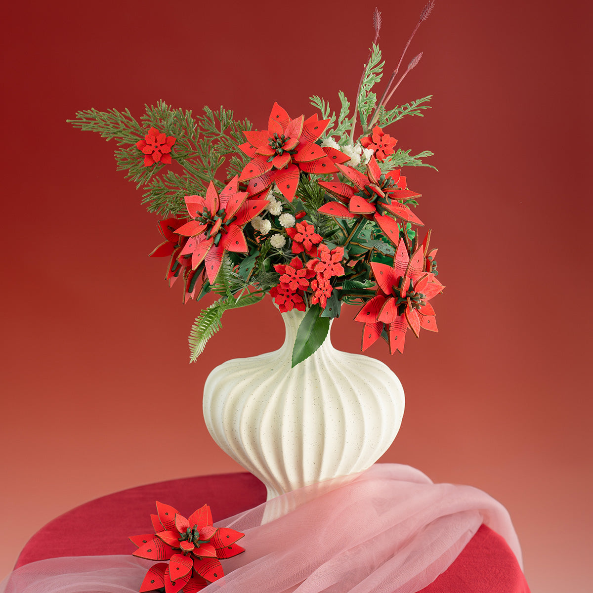 Rowood Poinsettia Flower Bouquet 3D Wooden Puzzle TF001 3D wooden flower puzzle, top-down view of layout and arrangement