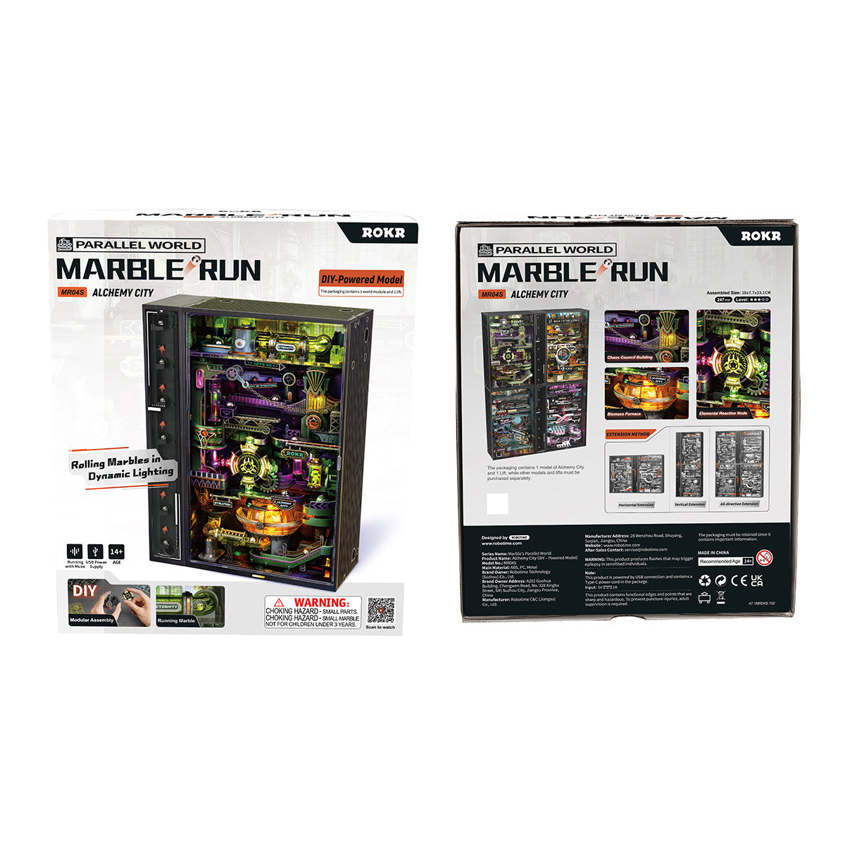 ROKR Alchemy City Marble Run Mechanical 3D Puzzle MR04S 3D wooden puzzle model, illuminated scene showing lighting feature