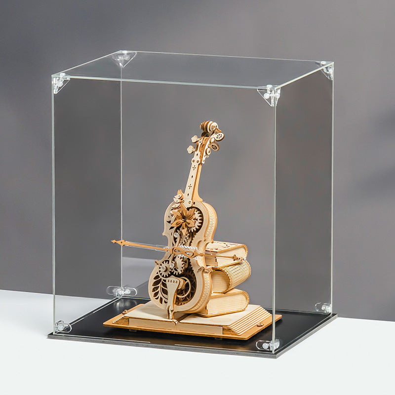ROKR Display Case Dust Cover for 3D Puzzles RFM04 3D wooden puzzle model, side view highlighting structure and scale