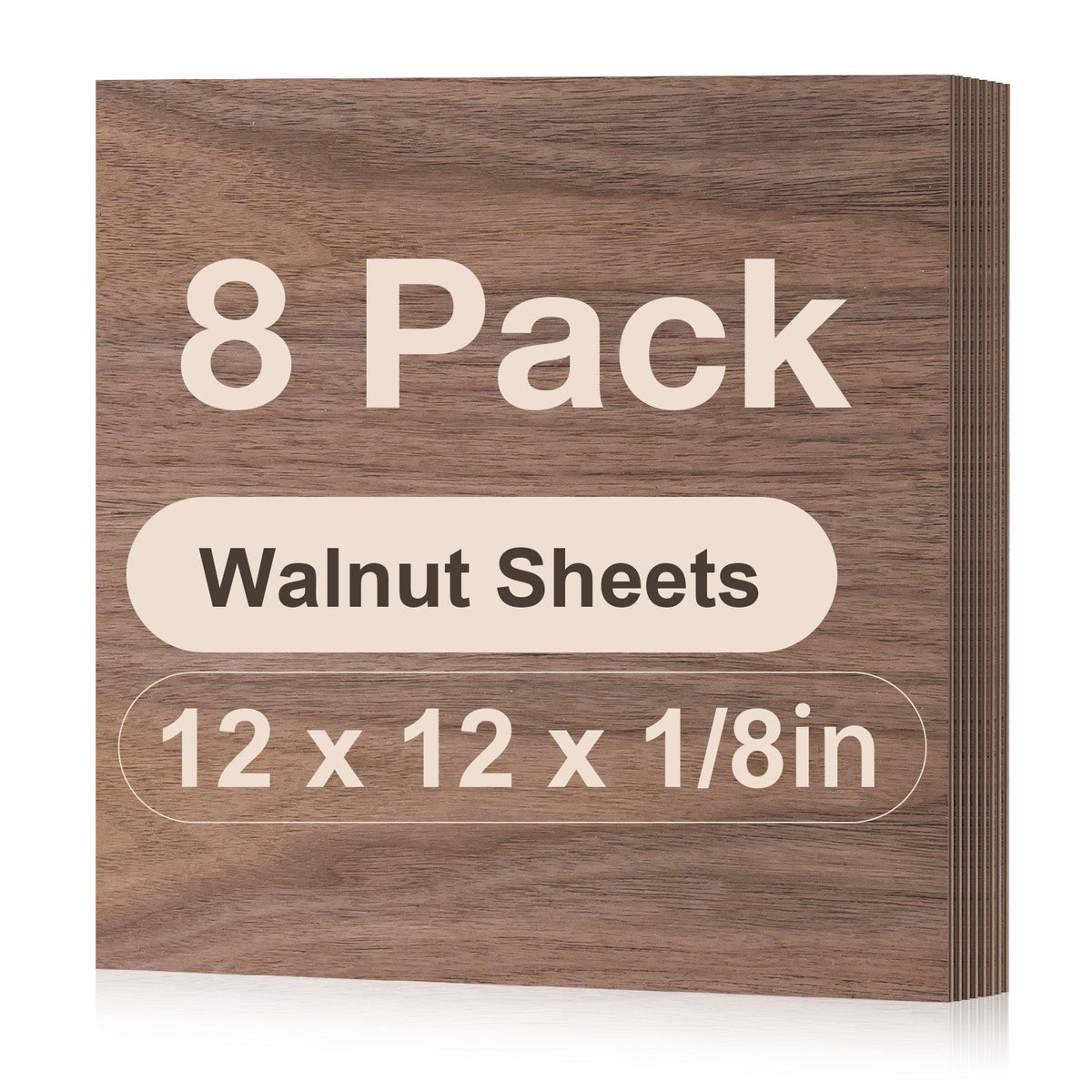 Robotime walnut plywood laser-cut sheets RW004 face-on pack shot showing 8 stacked 12x12x1/8 inch square walnut veneer sheets with rich dark grain pattern.