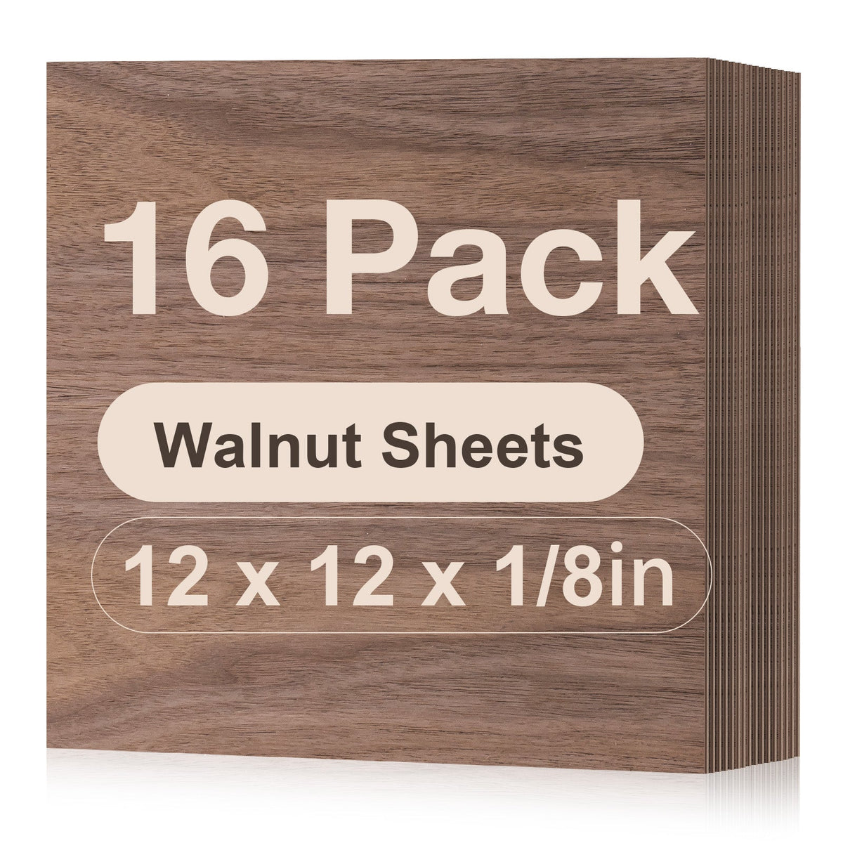 Robotime walnut plywood laser-cut sheets RW006 face-on pack shot showing 16 stacked 12x12x1/8 inch square walnut veneer sheets with rich dark grain pattern.