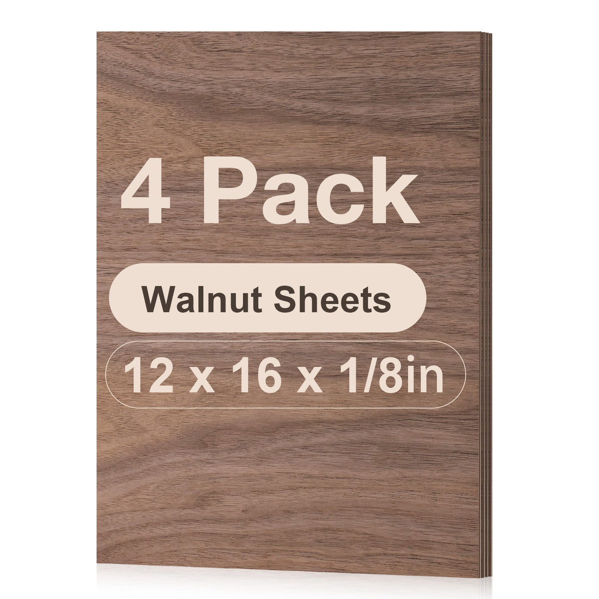Robotime walnut plywood laser-cut sheets RW007 face-on pack shot showing 4 stacked 12x16x1/8 inch walnut sheets with prominent dark walnut grain texture.