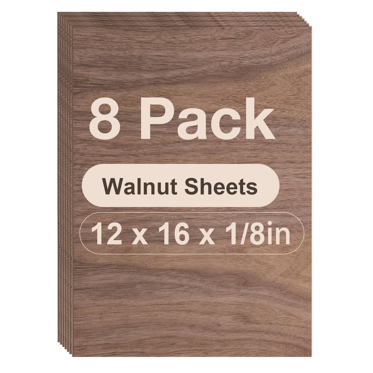 Robotime walnut plywood laser-cut sheets RW009 face-on pack shot showing 8 stacked 12x16x1/8 inch walnut sheets with prominent warm dark grain pattern.