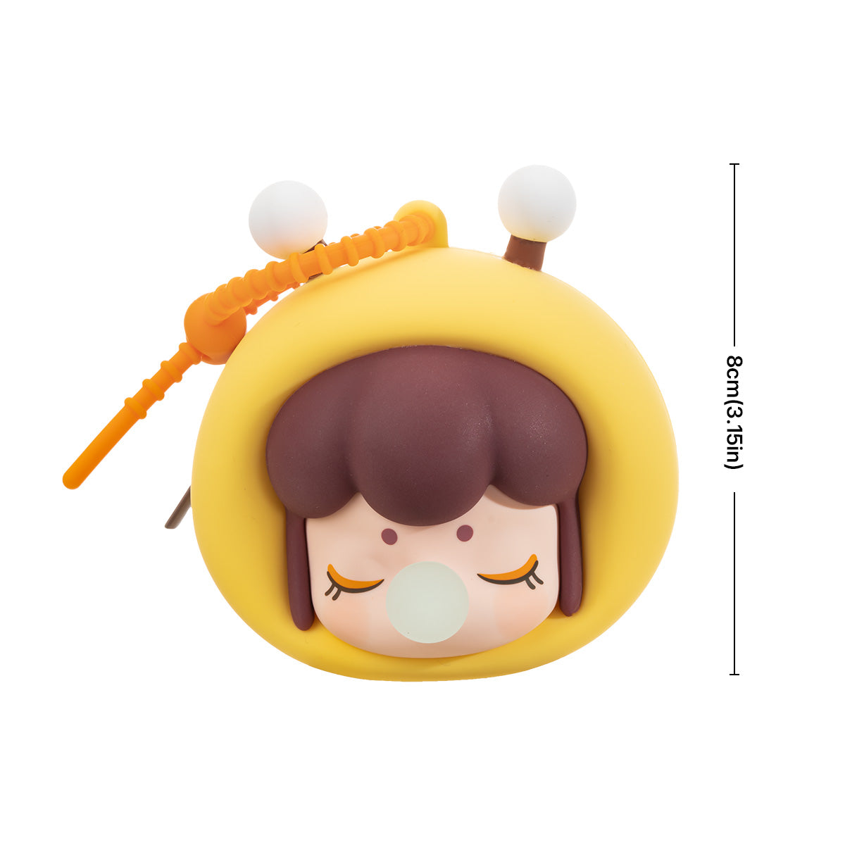 Rolife Baby Nanci Fluffy Party Headphone Case Rabbit variant hanging from a phone lanyard and ID card holder worn as a neck strap