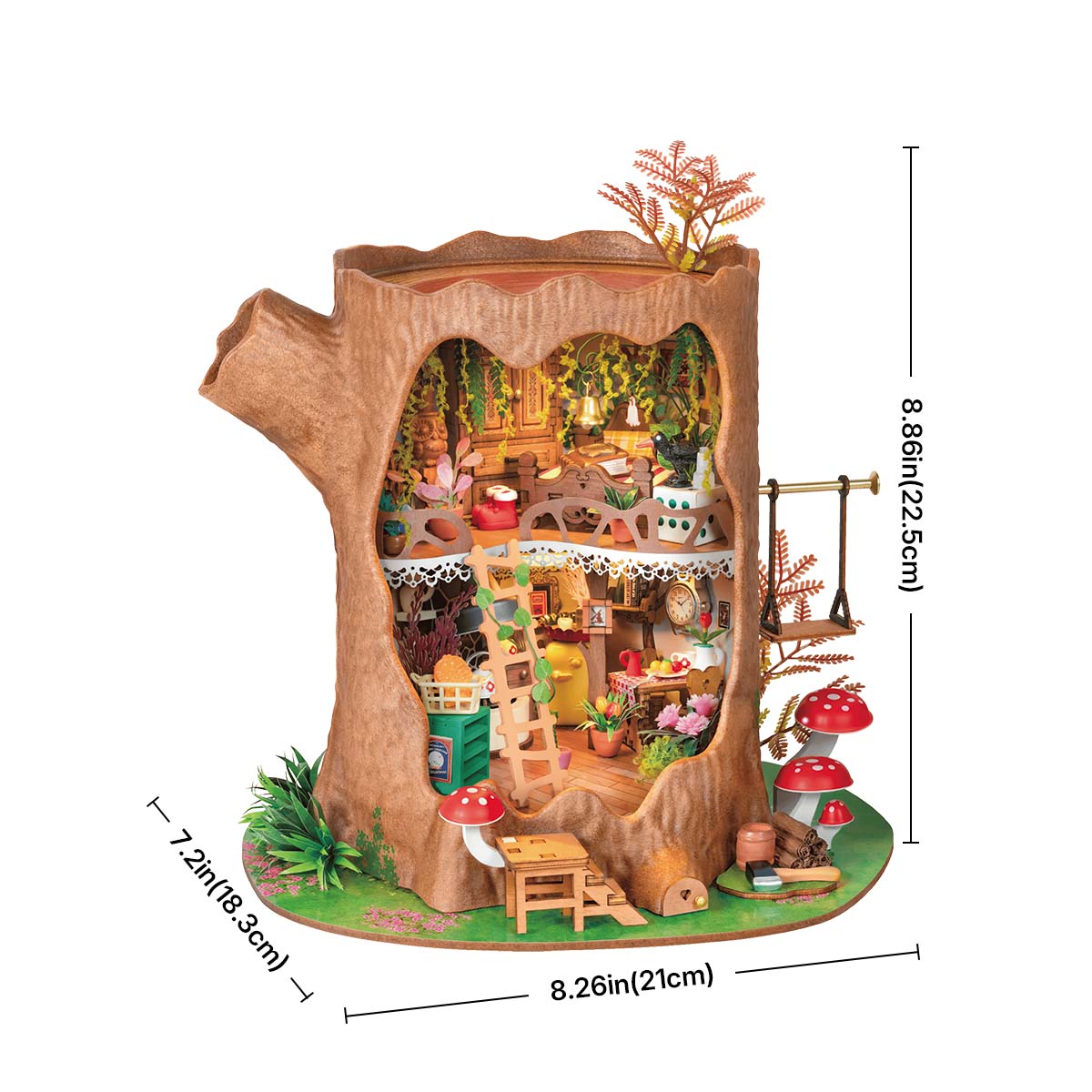 Rolife Fairytale Tree House DG179 placed in a magical forest scene with green moss, red mushrooms, white figurines, and golden hanging plants surrounding the lit tree trunk