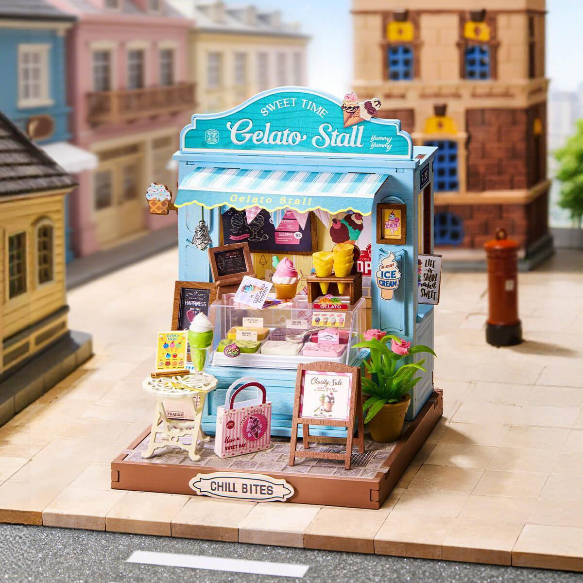 Rolife Gelato Stall Miniature House DS052 DIY miniature house kit, angled view showing detail and craftsmanship
