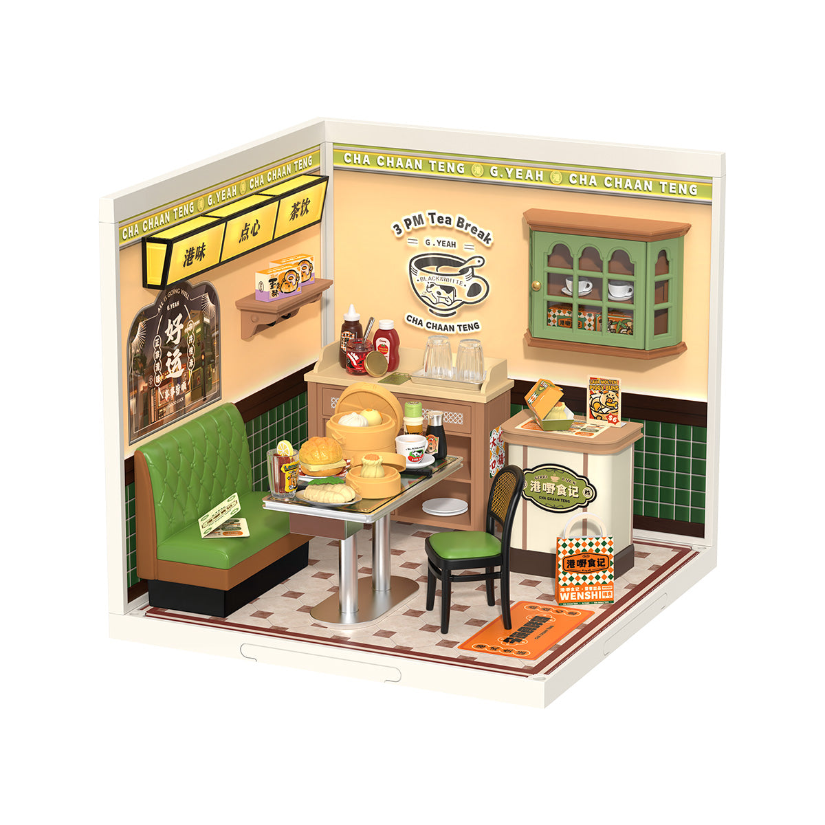 Rolife Hong Kong Bites Cafe DW021 Super Creator Series miniature house showing the completed cha chaan teng interior with green booth seating, dim sum, and teahouse signage