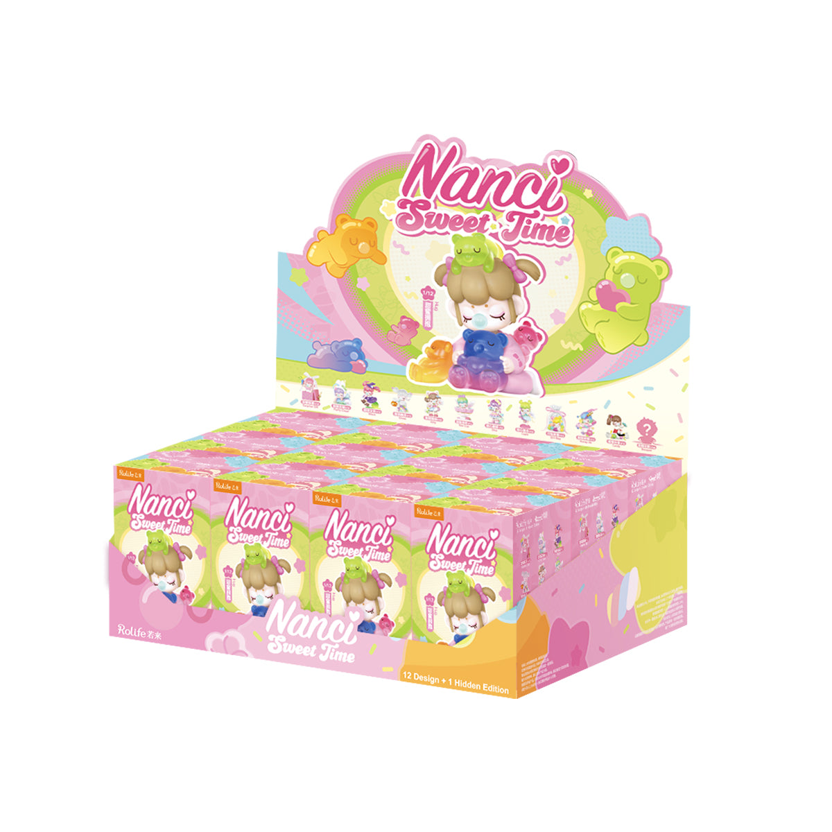 Rolife Nanci Sweet Time full display box showing the pink and yellow retail packaging with Nanci Sweet Time branding and 12 designs plus one hidden edition