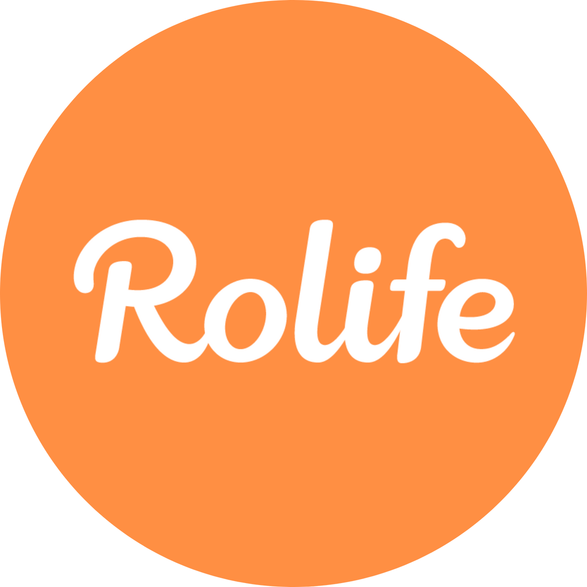 White Rolife handwritten logo centered inside a bright orange circle