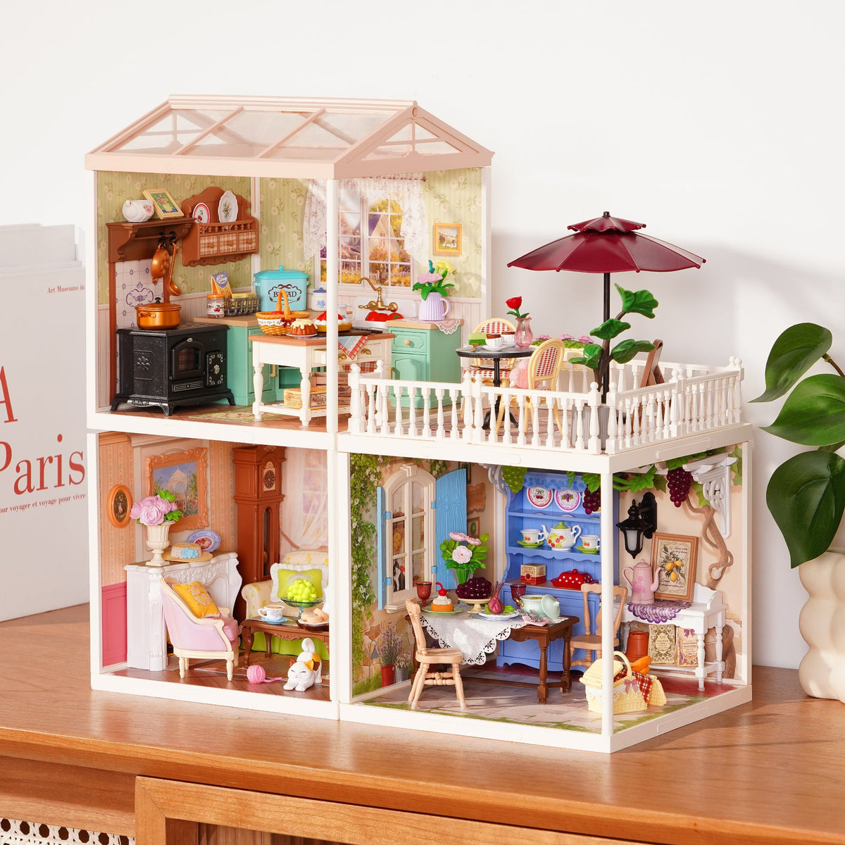 Rolife Romantic Countryside Super Creator 3-in-1 L-shape hero view showing full tall four-storey dollhouse with pastel interiors