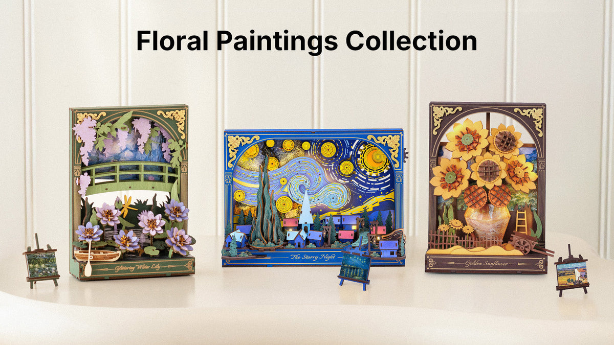 Rowood Wooden Floral Paintings Series with decorative elements on a white background