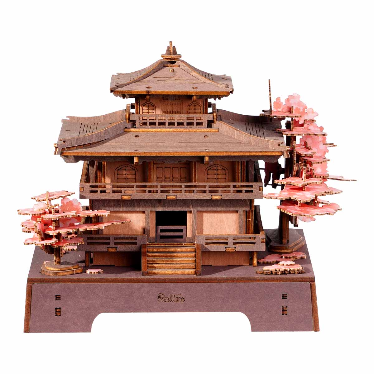 Rolife Sakura Pavilion two-tiered Japanese wooden model with pink cherry blossom trees on display base