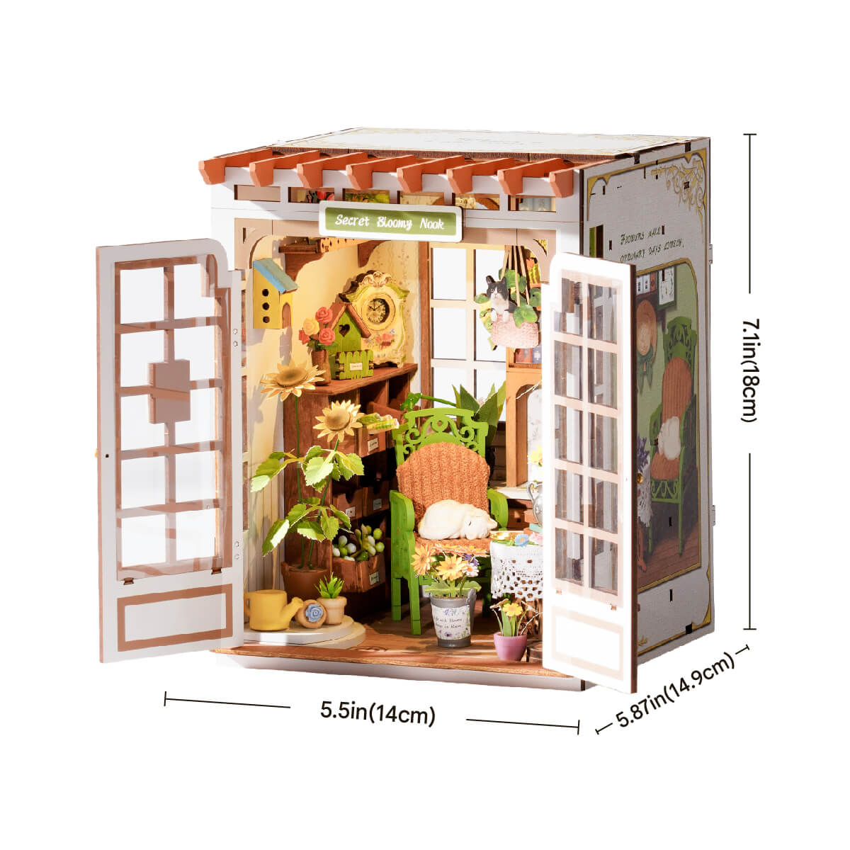 Secret Bloomy Nook miniature kit with dimension callouts showing 5.5 by 5.3 by 7.1 inches on a white background