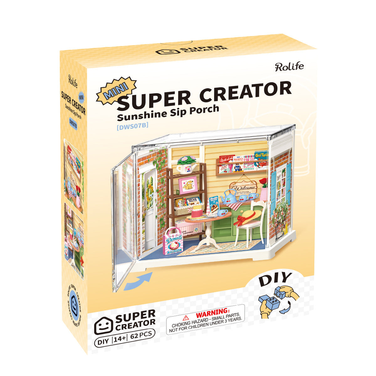 Rolife Sunshine Sip Porch Miniature House DWS07B DIY miniature house kit, styled lifestyle scene with model assembled