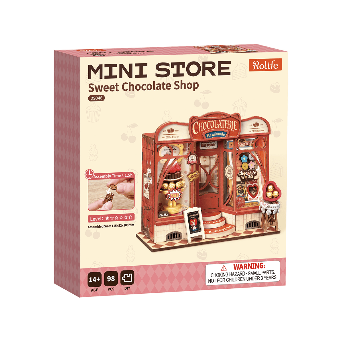 Rolife Sweet Chocolate Shop Miniature House DS046 DIY miniature house kit, side view highlighting structure and scale