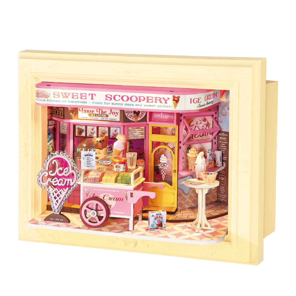 Rolife Sweet Scoopery Ice Cream 3D Wooden Puzzle DP002 3D wooden puzzle model, product front view on neutral background