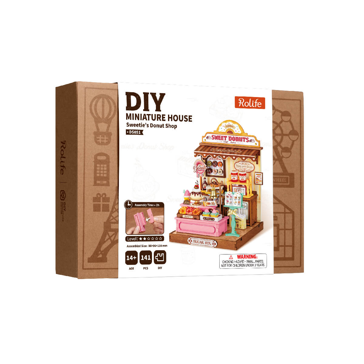 Rolife Sweetie's Donut Shop Miniature House DS051 DIY miniature house kit, styled lifestyle scene with model assembled
