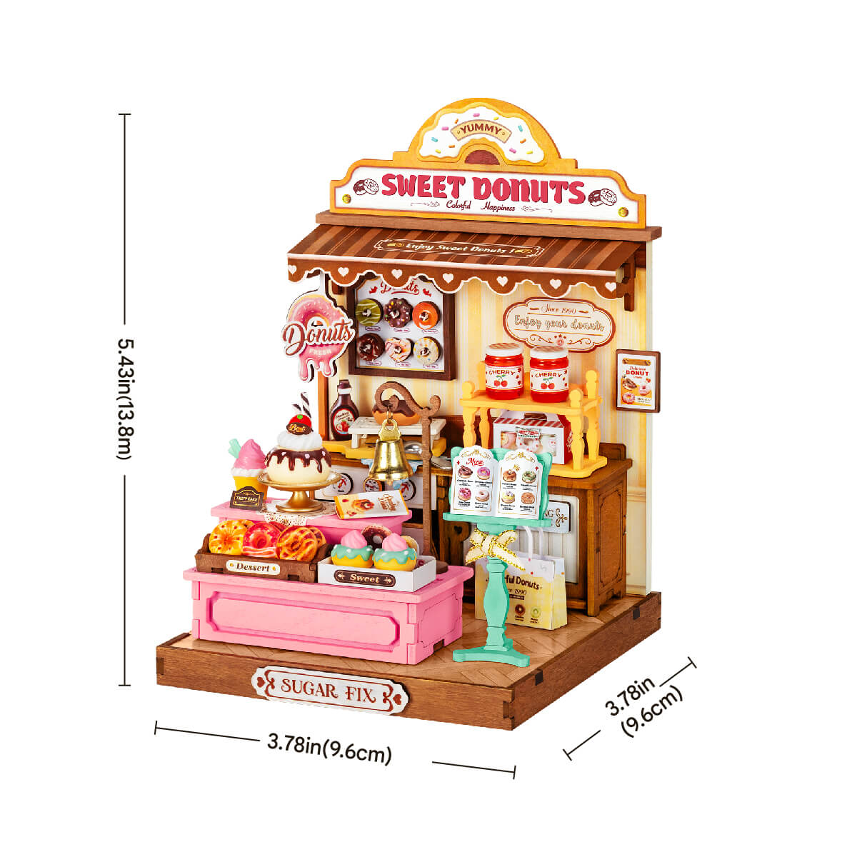 Rolife Sweetie's Donut Shop Miniature House DS051 DIY miniature house kit, side view highlighting structure and scale
