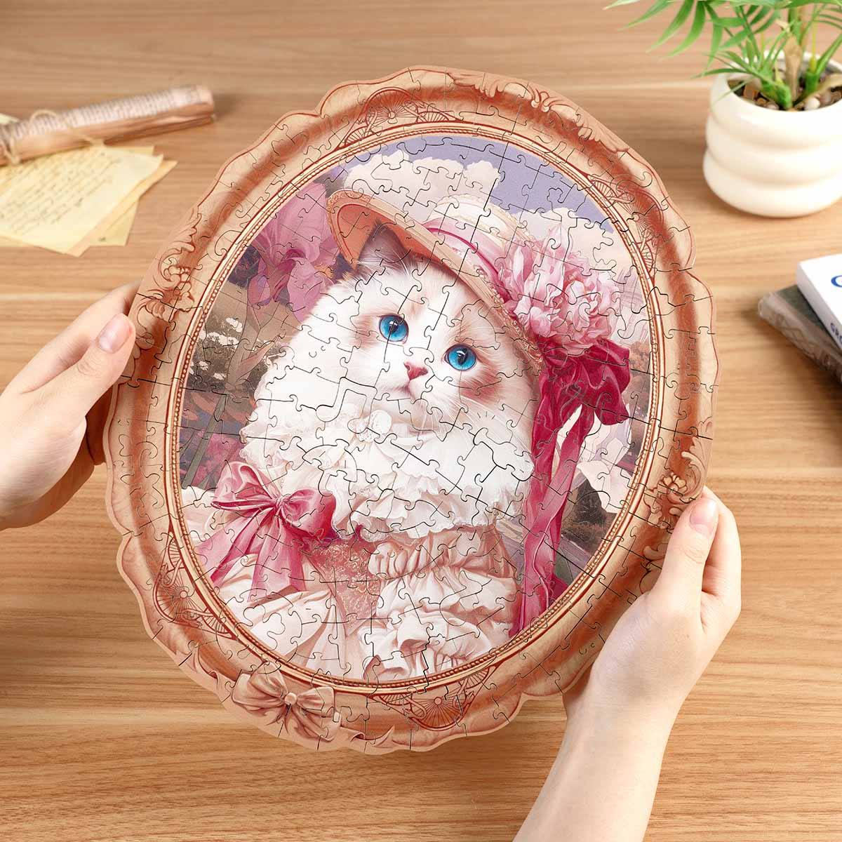 Rowood Springtime Kitty Portrait Wooden Jigsaw Puzzle, wooden jigsaw puzzle, close-up detail (TA005)