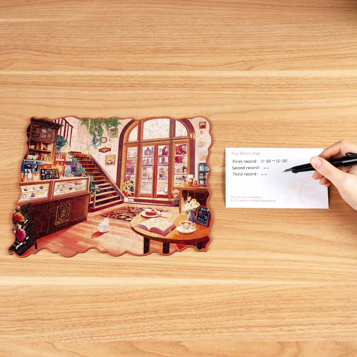 Rowood Cozy Winter Café Wooden Jigsaw Puzzle, wooden jigsaw puzzle, side view (TA006)