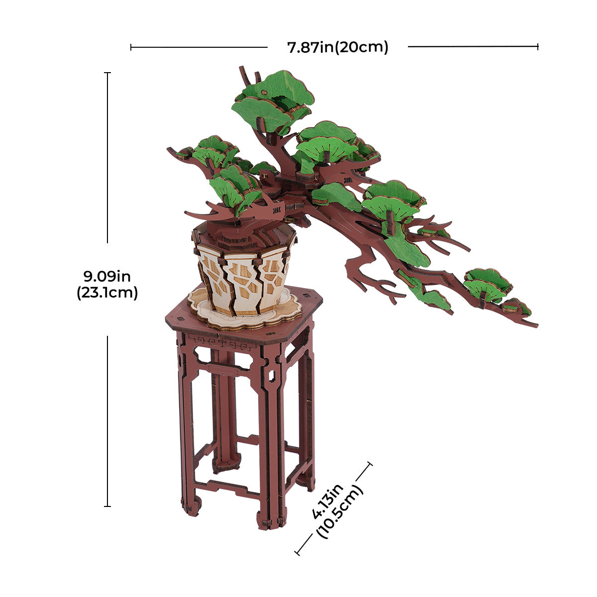 Rolife Evergreen Pine Bonsai TG510 dimension diagram showing 7.87 by 9.09 inch measurements in gray on white