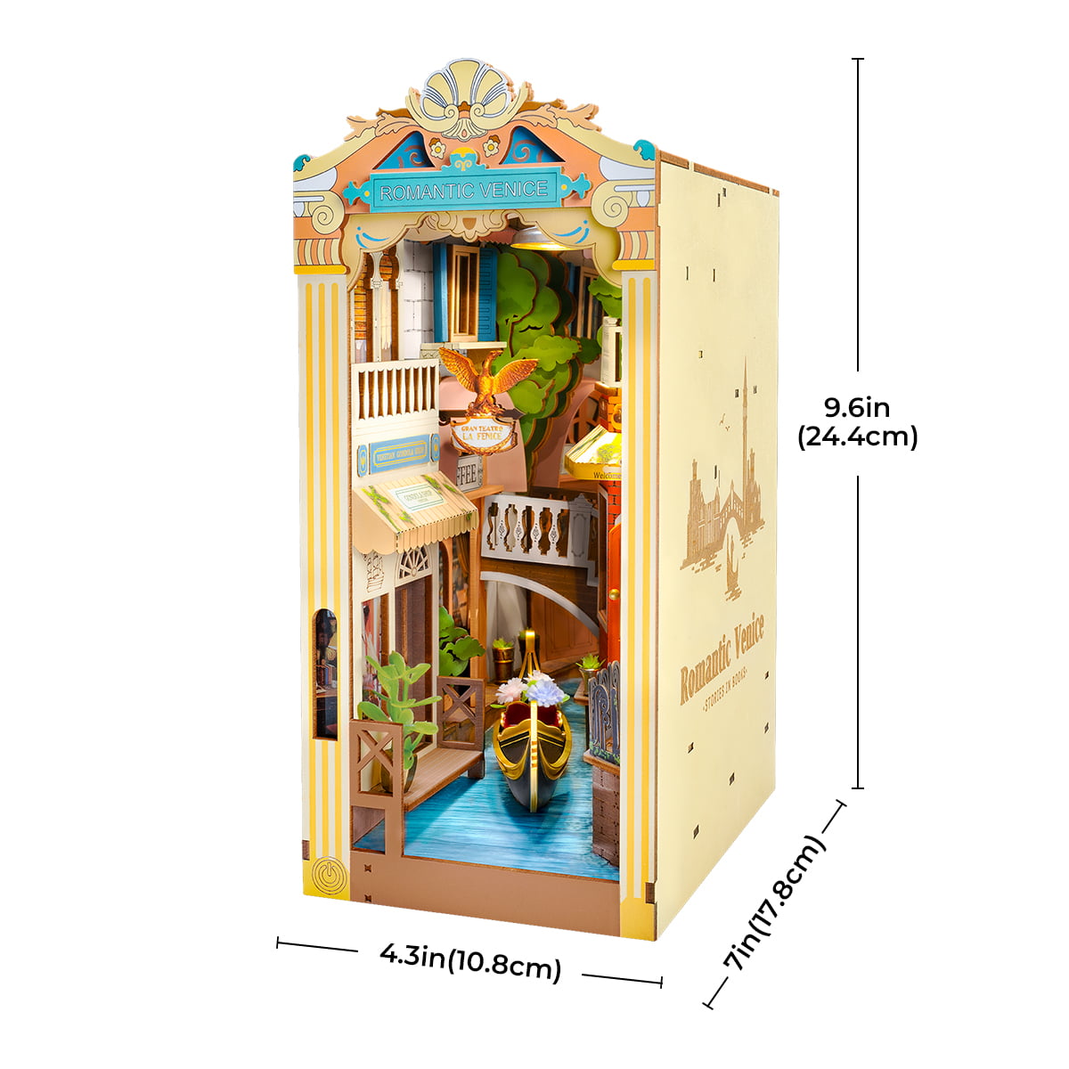 Rolife Romantic Venice TGB08 Book Nook side view with dimensions 4.3 by 7 by 9.6 inches showing gondola canal and Venetian building facades
