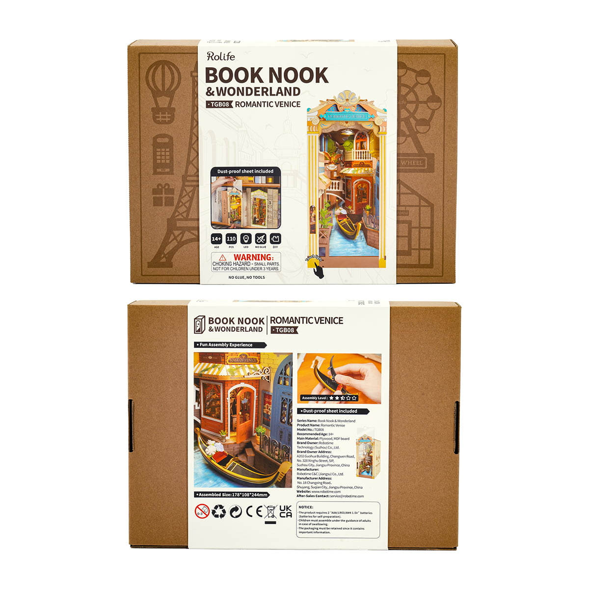 Rolife Romantic Venice TGB08 Book Nook packaging front and back showing kraft box with product info assembly level and specification details