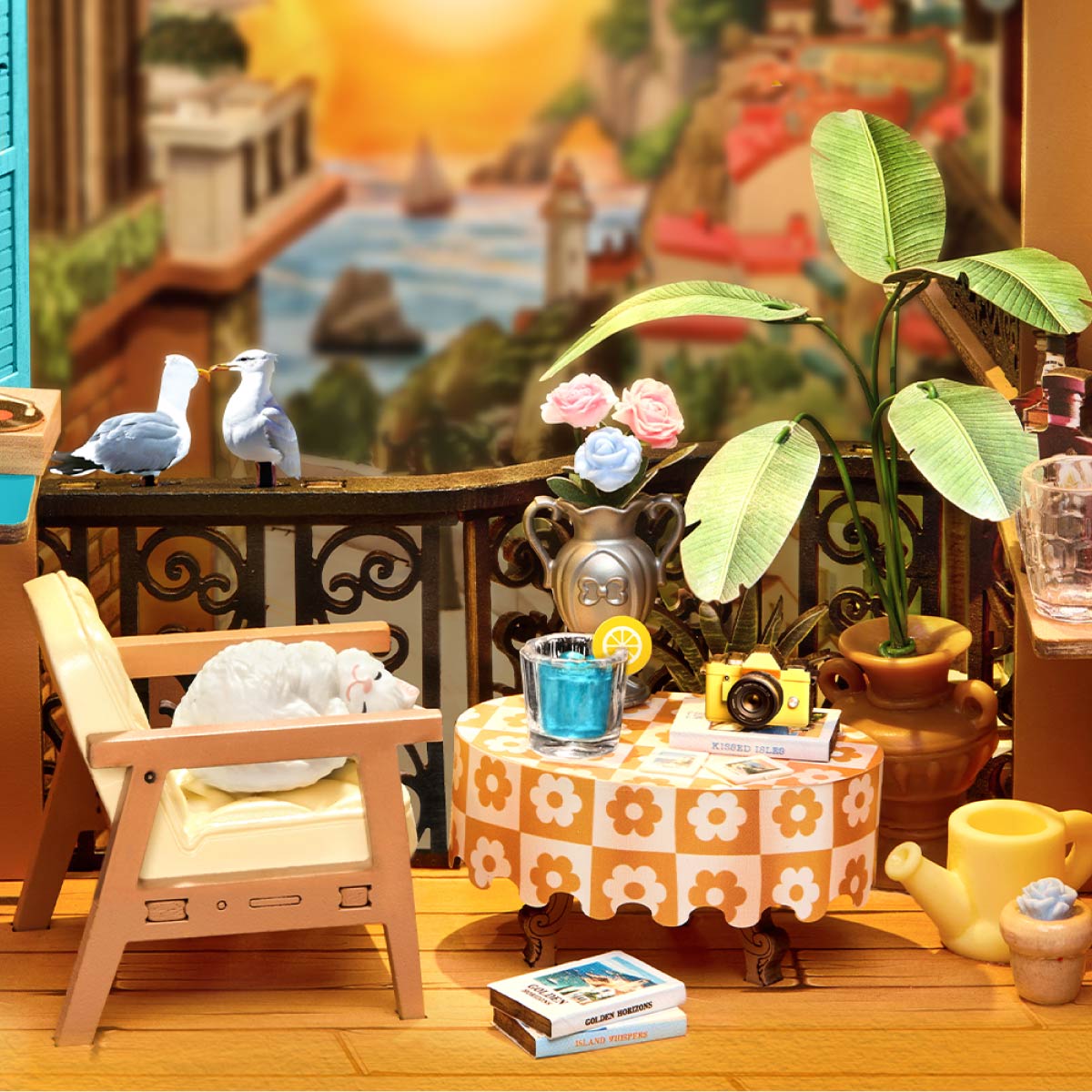 Rolife book nook aerial view of a Mediterranean terrace interior with wicker chair, sunflower arrangement on a round table and blue ceramic plant pots