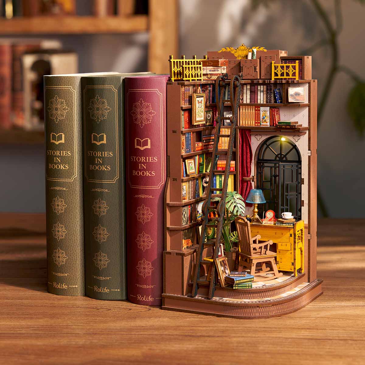 Rolife Silent Corner Study DIY Book Nook TGE02, 3D wooden book nook puzzle diorama, side view