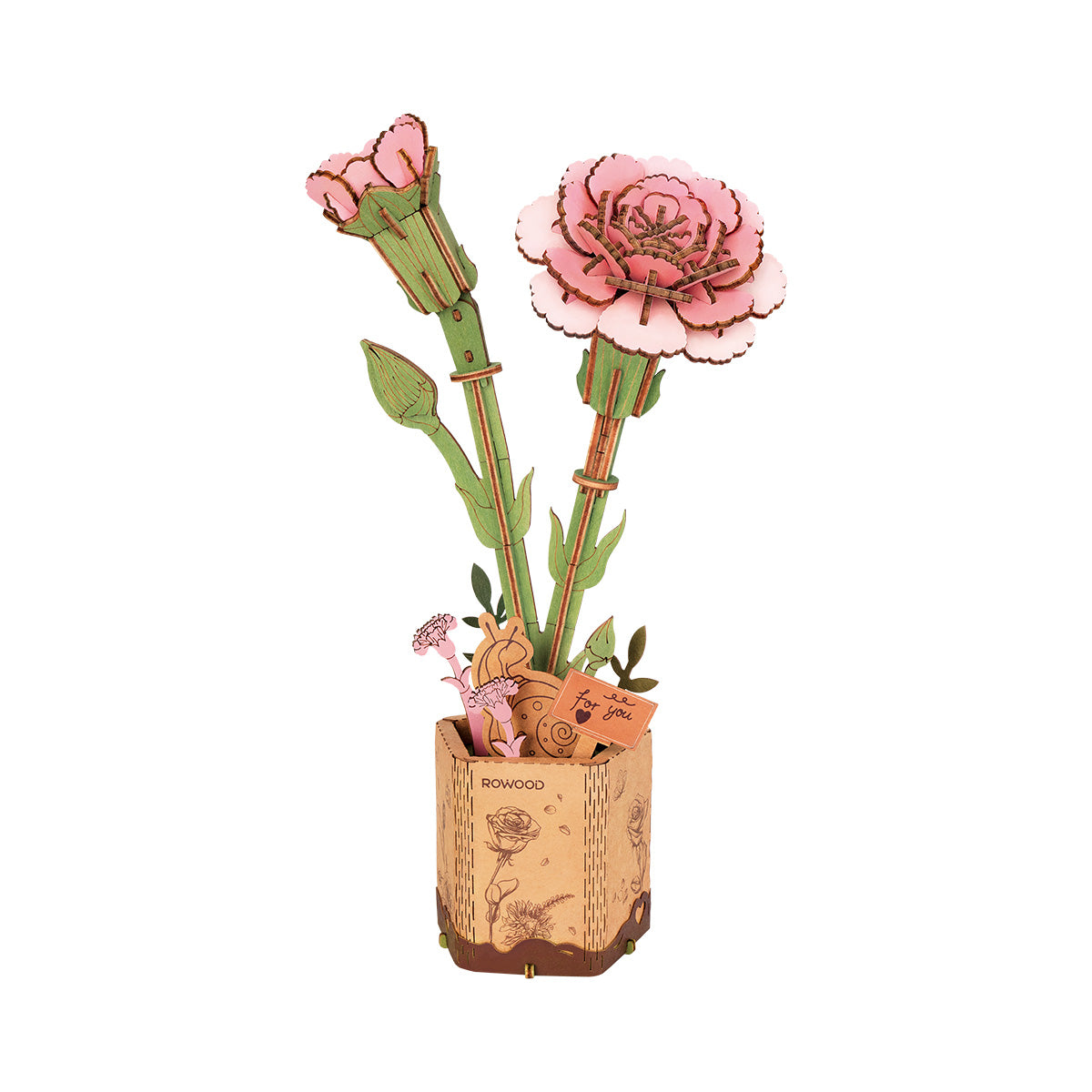 Rowood Pink Carnation DIY Wooden Flower 3D Puzzle TW051, 3D wooden DIY flower puzzle, front product view