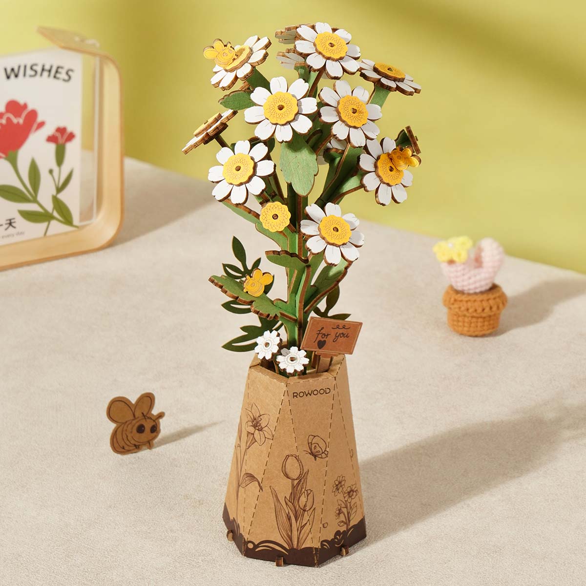 Rowood Chamomile DIY Wooden Flower 3D Puzzle TW061, 3D wooden DIY flower puzzle, lifestyle scene