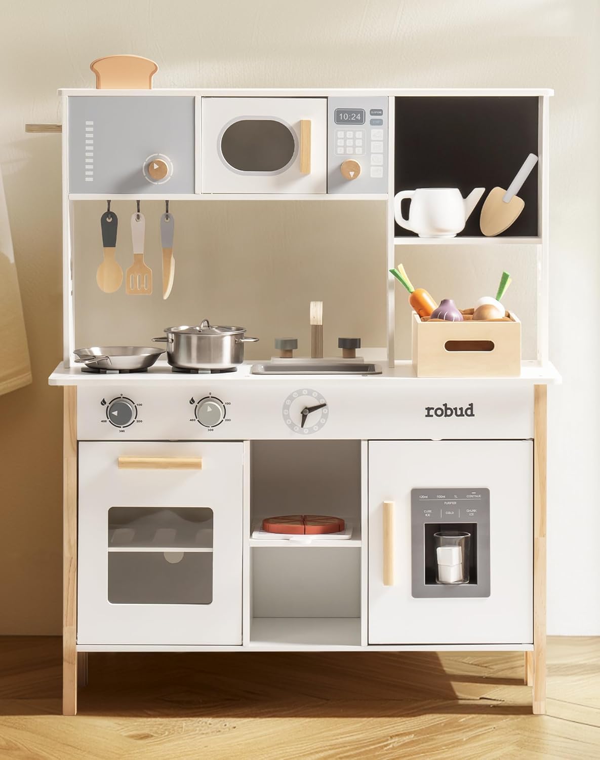 Robud white and wood play kitchen front view with chalkboard panel, knobs, refrigerator and oven