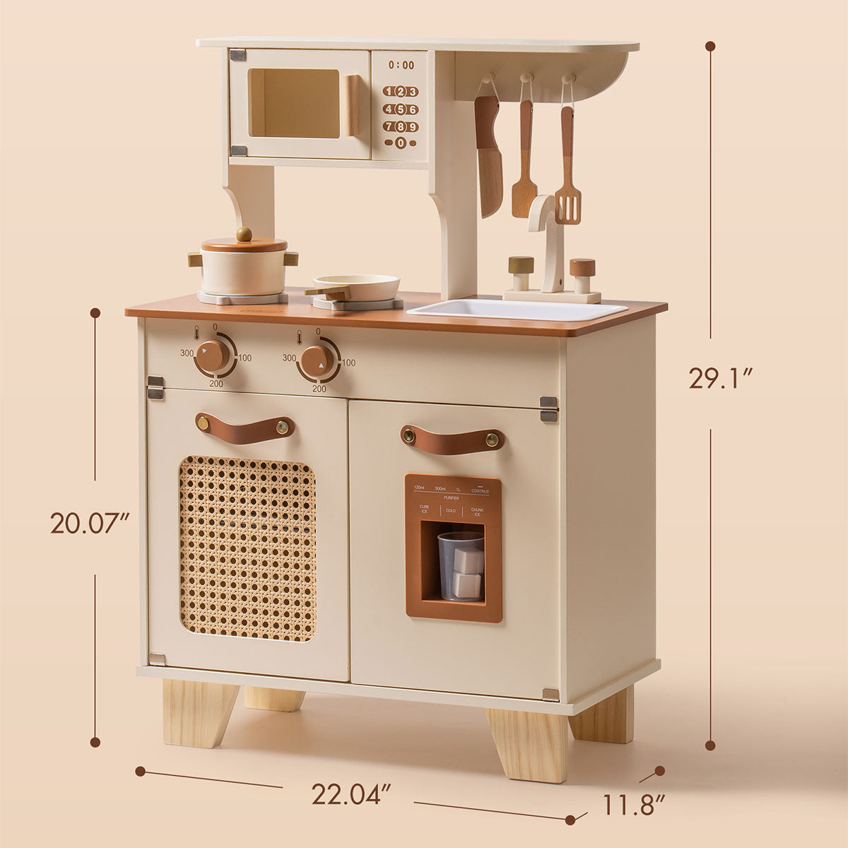 ROBUD mocha play kitchen labeled dimension diagram showing width 22 inches, depth 12 inches, height 29 inches.