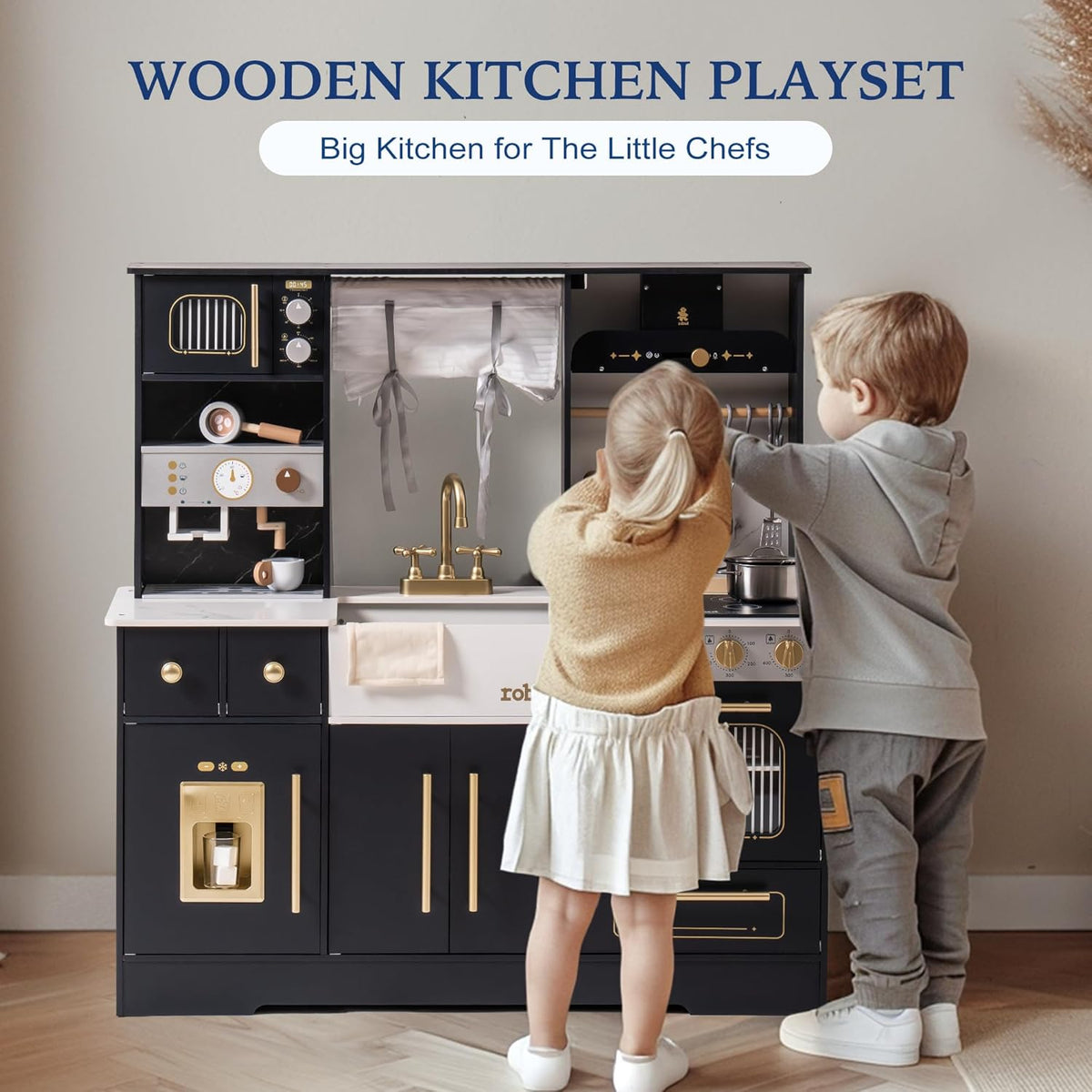 Robud wooden play kitchen black, angled view showing front and side